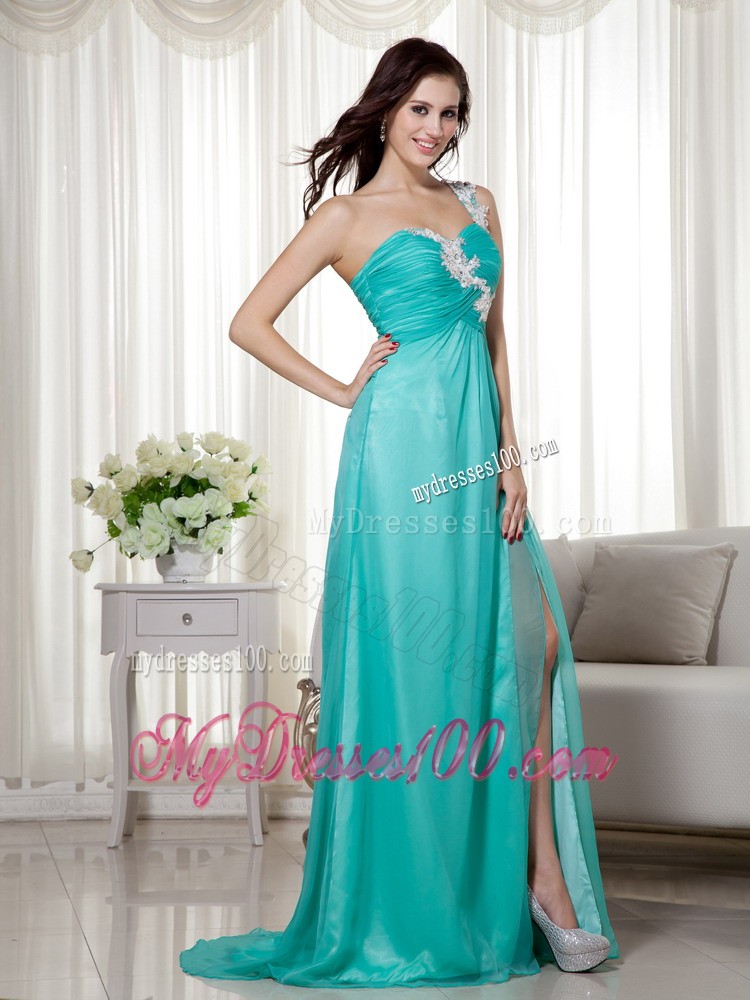 Turquoise One Shoulder Appliques Decorate Brush Train High Slit Prom Gown