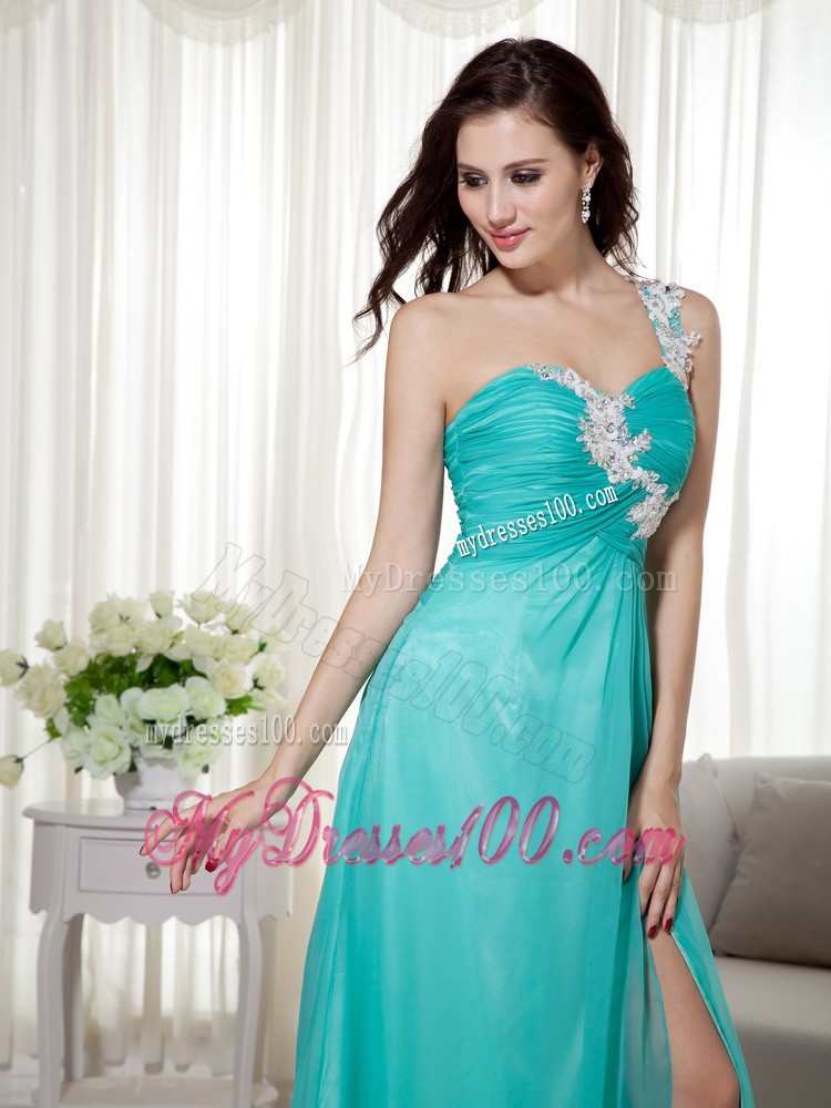 Turquoise One Shoulder Appliques Decorate Brush Train High Slit Prom Gown