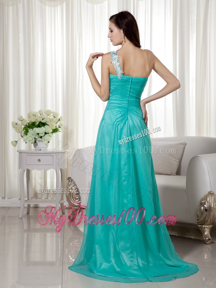 Turquoise One Shoulder Appliques Decorate Brush Train High Slit Prom Gown