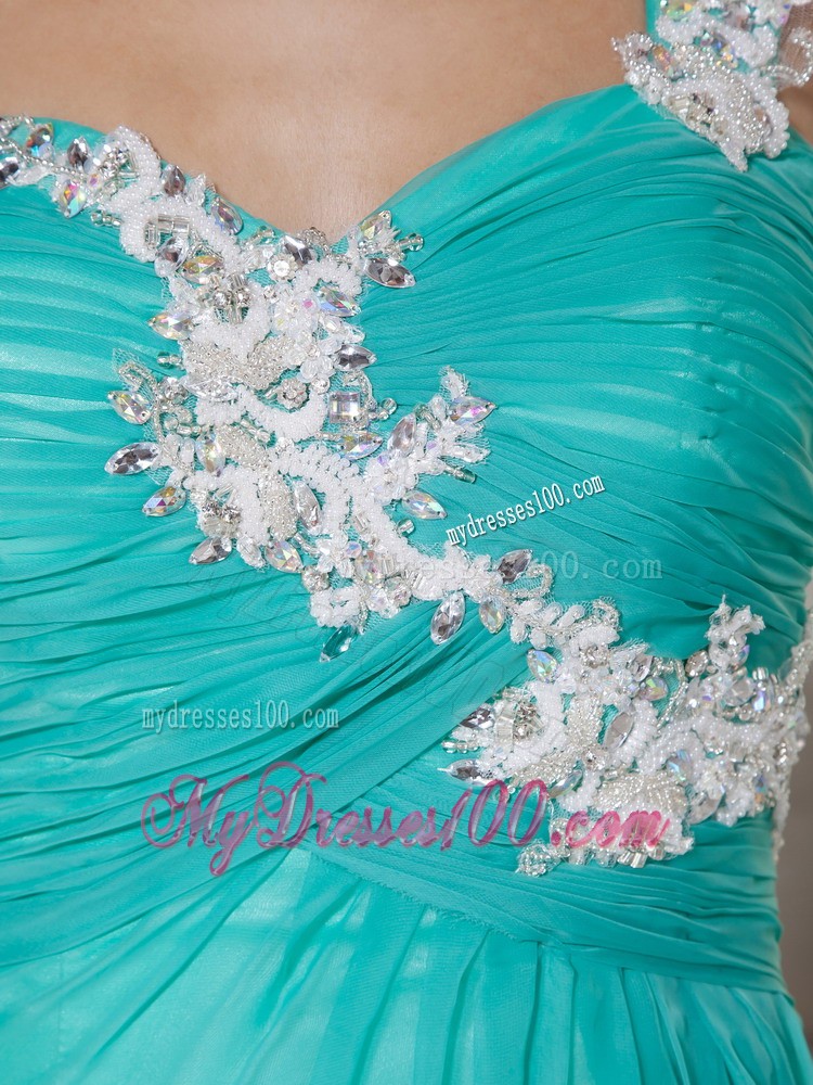 Turquoise One Shoulder Appliques Decorate Brush Train High Slit Prom Gown
