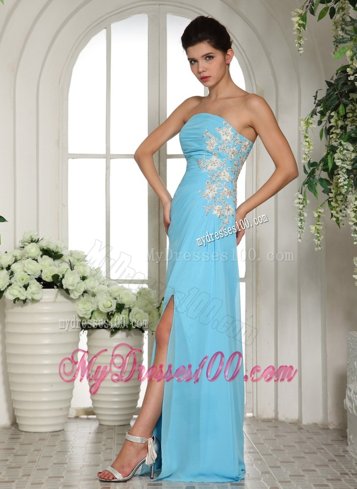 Baby Blue Empire High Slit Prom Evening Dress with Appliques and Ruche