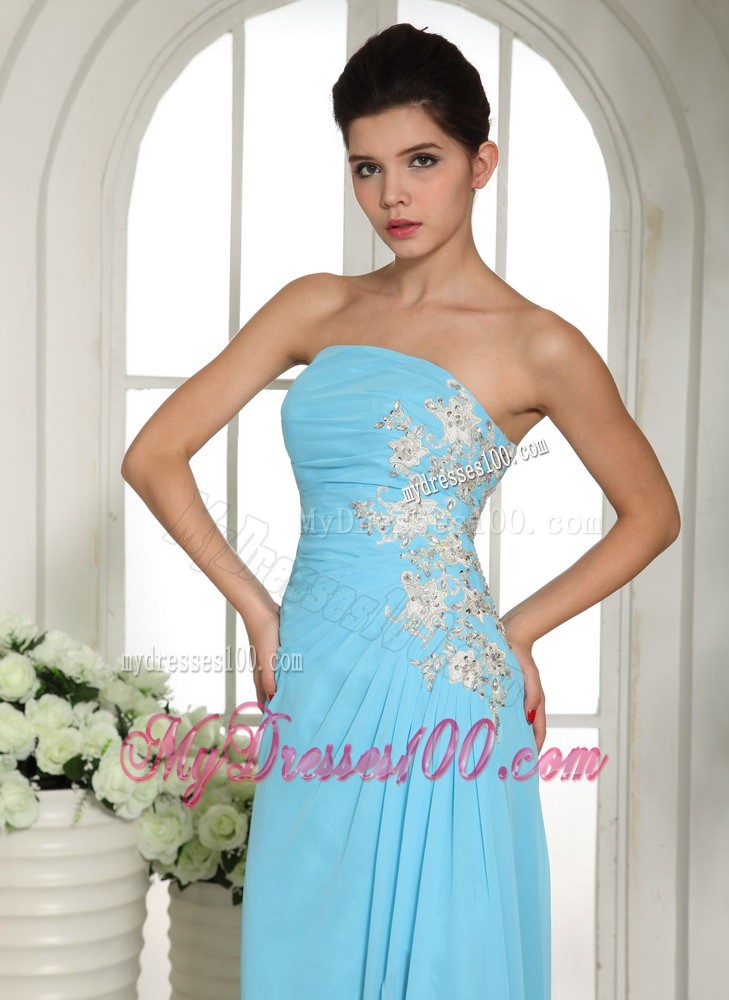 Baby Blue Empire High Slit Prom Evening Dress with Appliques and Ruche