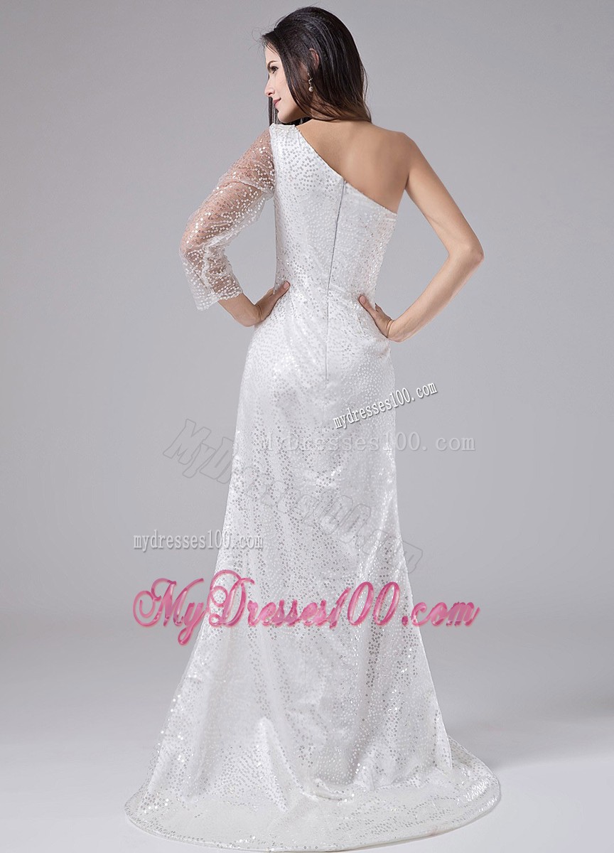 White Single Sleeve and Shoulder Sweep Prom Dress with Sequins