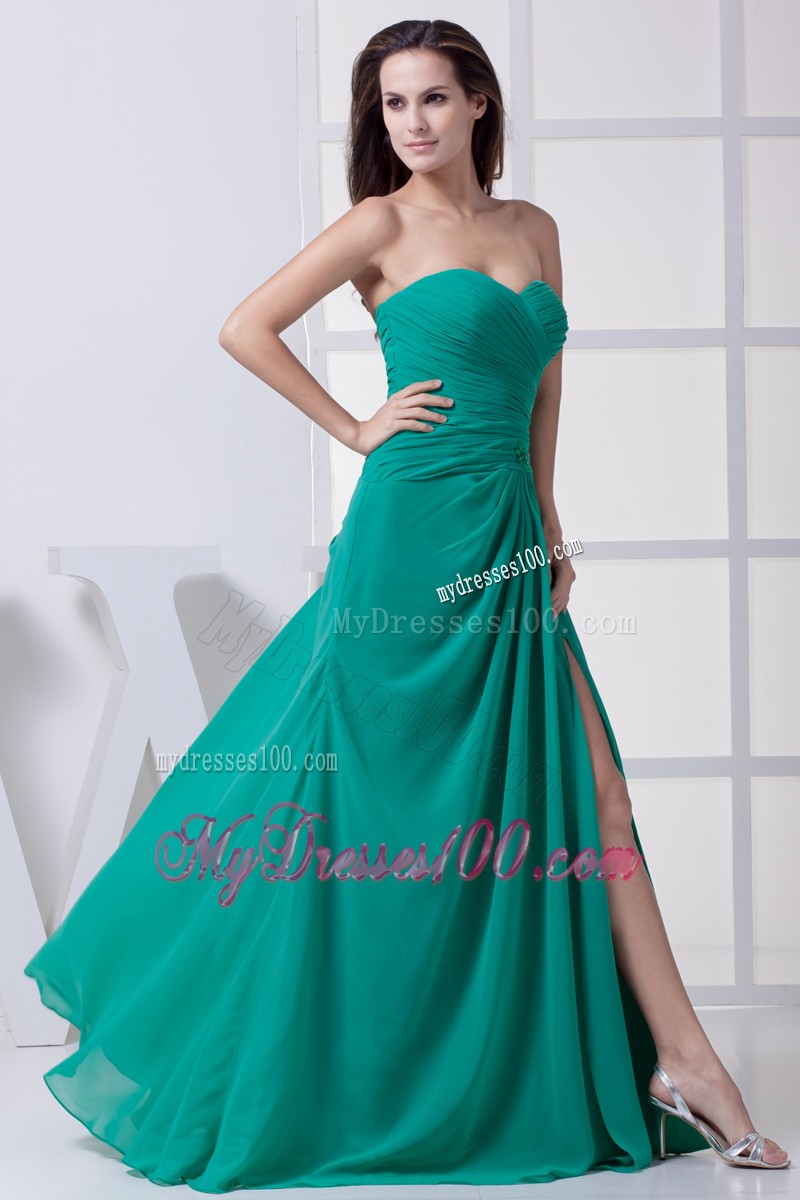 Green Column Chiffon Prom Dresses with Slits Up the Side and Pleat
