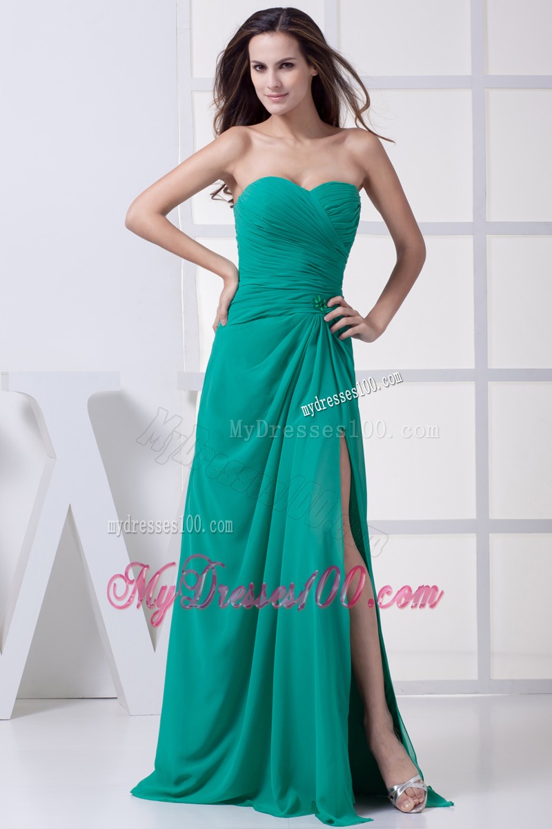 Green Column Chiffon Prom Dresses with Slits Up the Side and Pleat