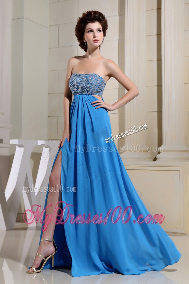 High Slit Beading Decorated Blue Prom Holiday Dress with The Back Out