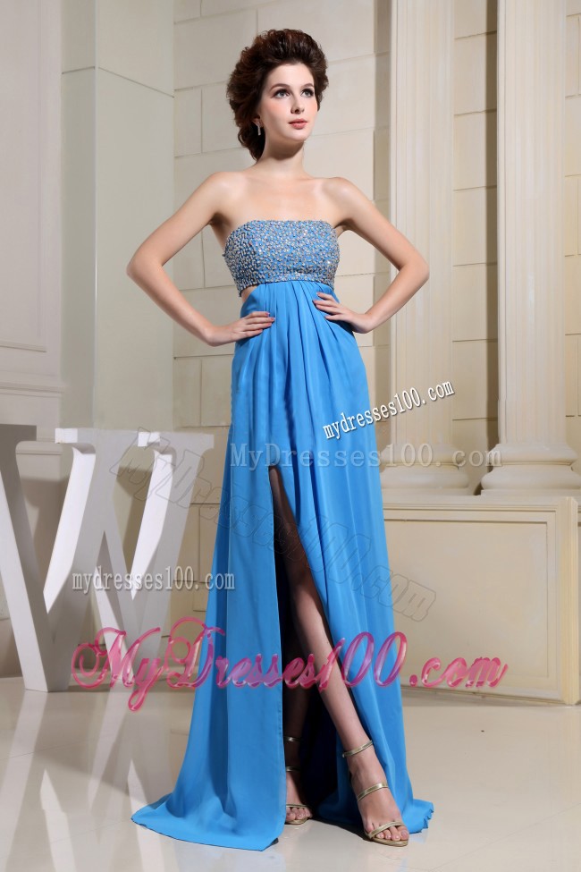 High Slit Beading Decorated Blue Prom Holiday Dress with The Back Out