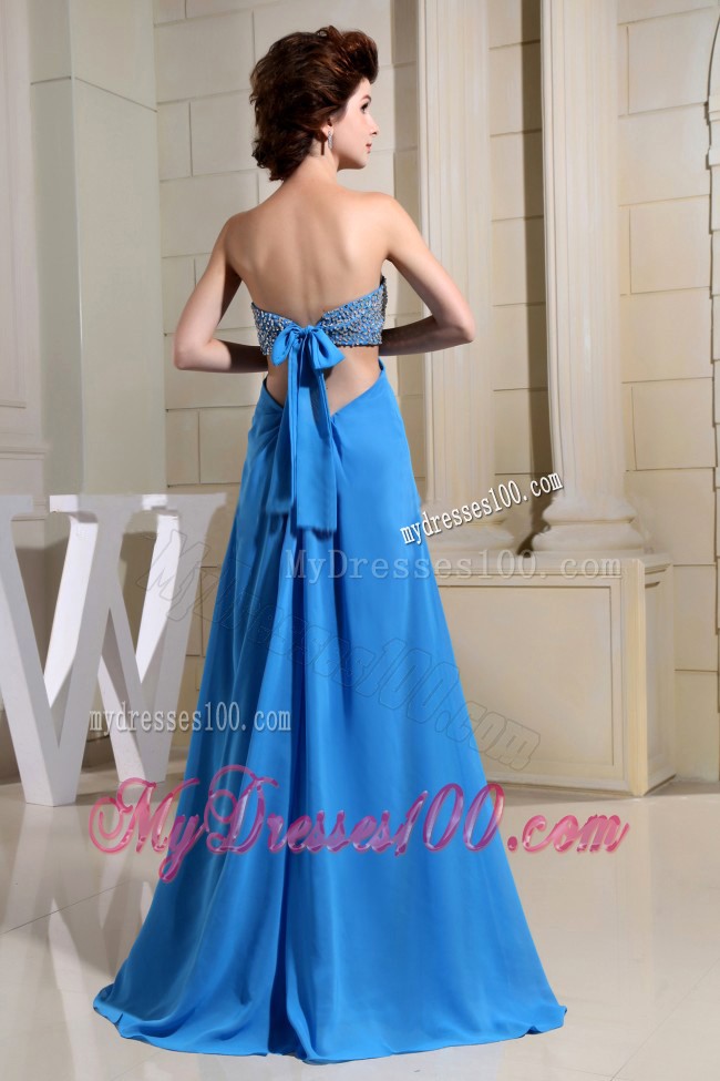High Slit Beading Decorated Blue Prom Holiday Dress with The Back Out