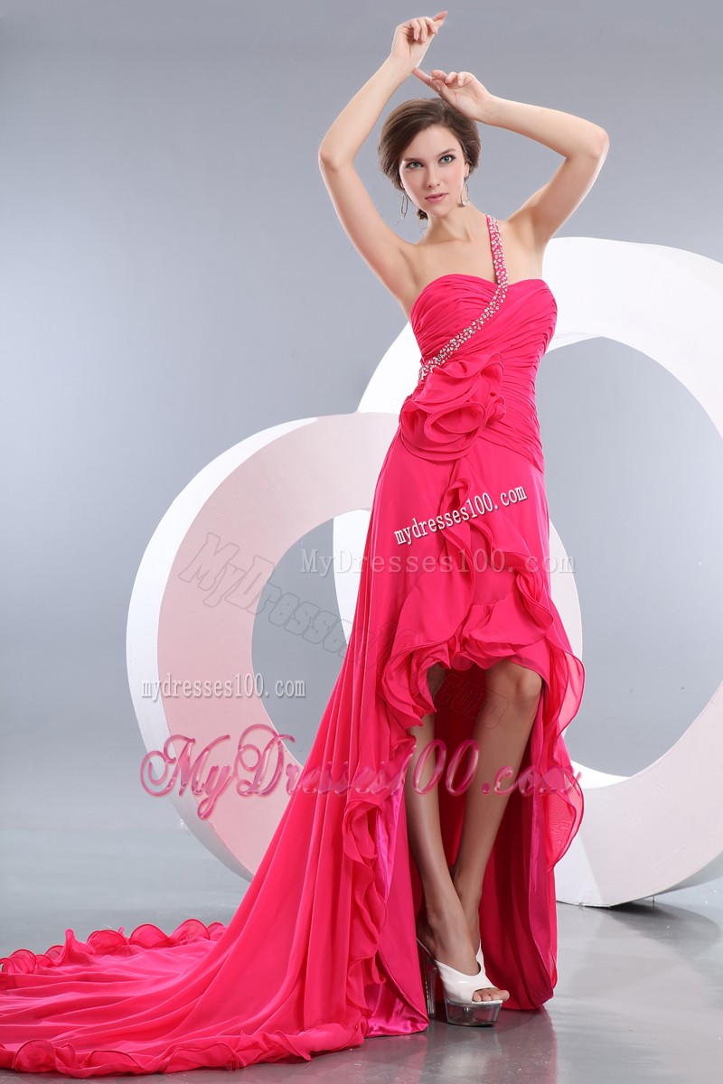 Asymmetrical Flowery High-low Prom Dresses in Hot Pink