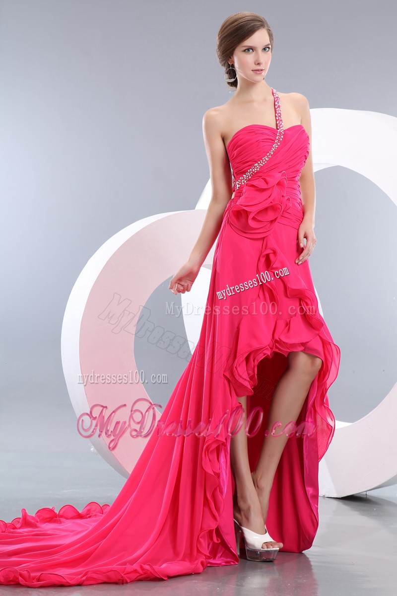 Asymmetrical Flowery High-low Prom Dresses in Hot Pink