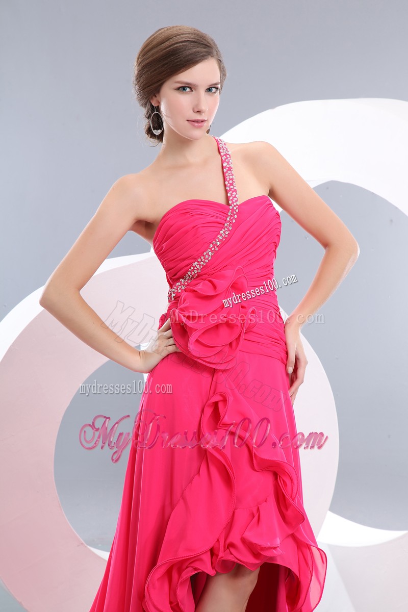 Asymmetrical Flowery High-low Prom Dresses in Hot Pink