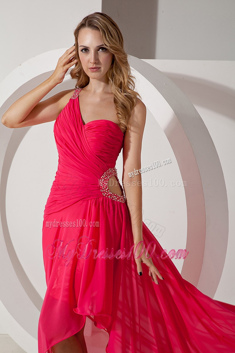 Hot Pink One Shoulder High-low Prom Evening Dress with Side Cut Out