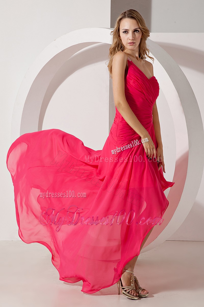 Hot Pink One Shoulder High-low Prom Evening Dress with Side Cut Out