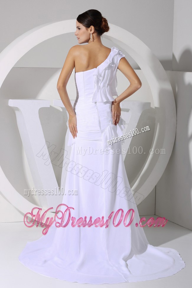 Classical White One Shoulder High Slit Ruched Prom Dresses
