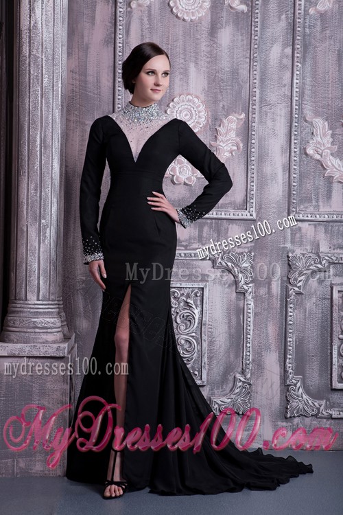 High-neck Empire Black Prom Dresses with Slits On the Side