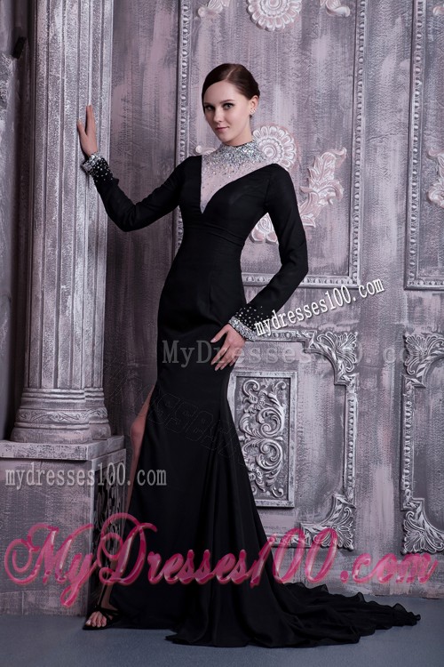 High-neck Empire Black Prom Dresses with Slits On the Side