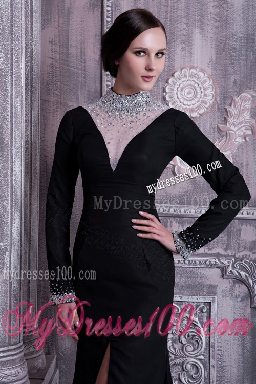 High-neck Empire Black Prom Dresses with Slits On the Side