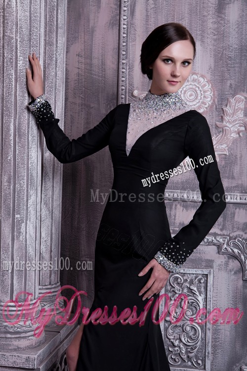 High-neck Empire Black Prom Dresses with Slits On the Side