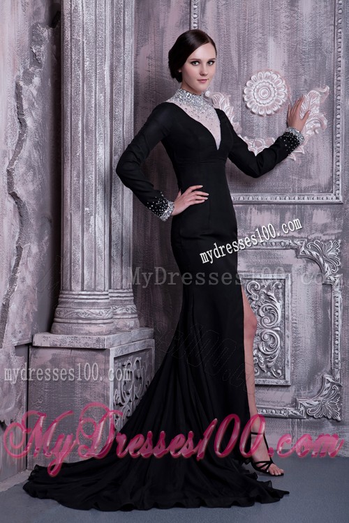 High-neck Empire Black Prom Dresses with Slits On the Side
