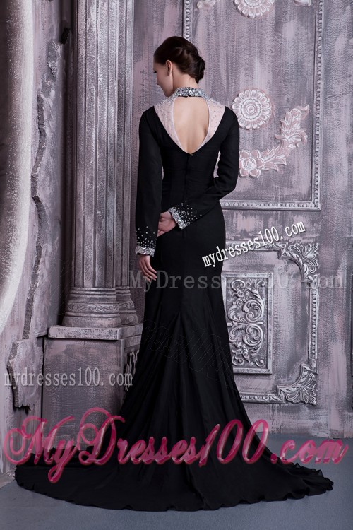 High-neck Empire Black Prom Dresses with Slits On the Side