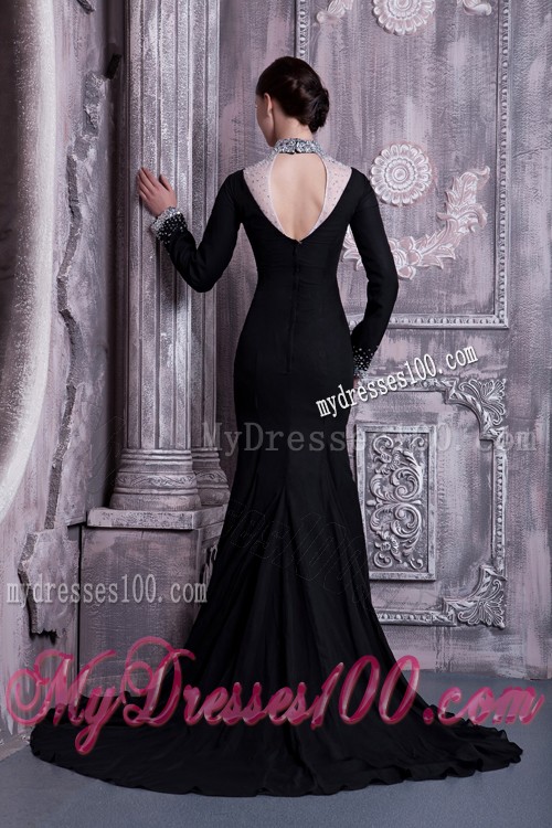 High-neck Empire Black Prom Dresses with Slits On the Side