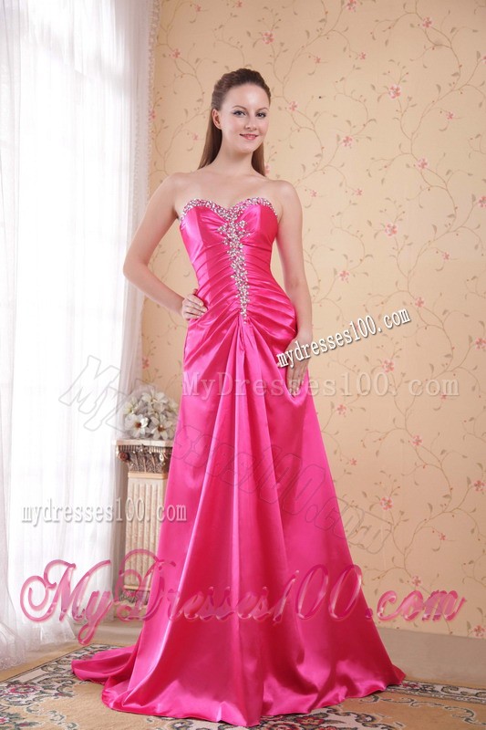 Hot Pink Sweetheart Brush Train Prom Dresses with Rhinestones and Ruche
