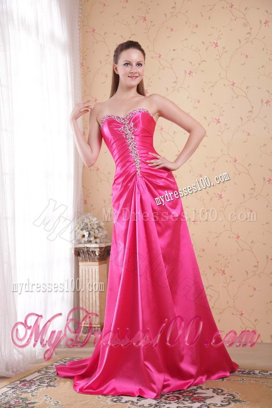 Hot Pink Sweetheart Brush Train Prom Dresses with Rhinestones and Ruche