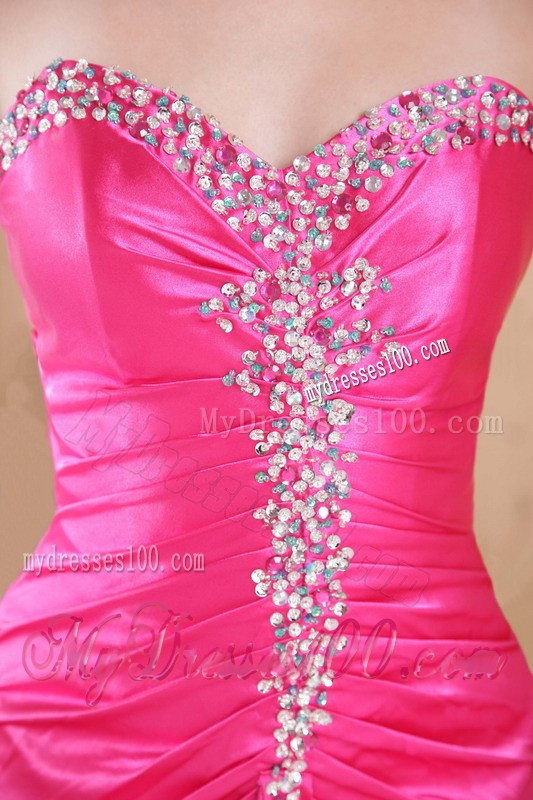 Hot Pink Sweetheart Brush Train Prom Dresses with Rhinestones and Ruche