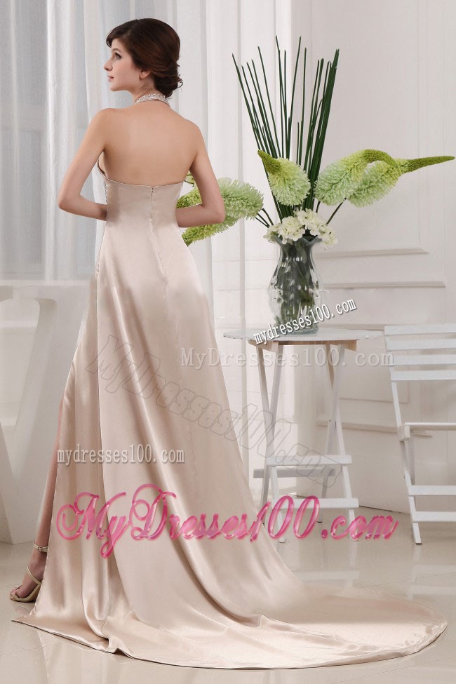 Halter Top Beading Decorate Court Train Prom Dress with High Slit in Ivory