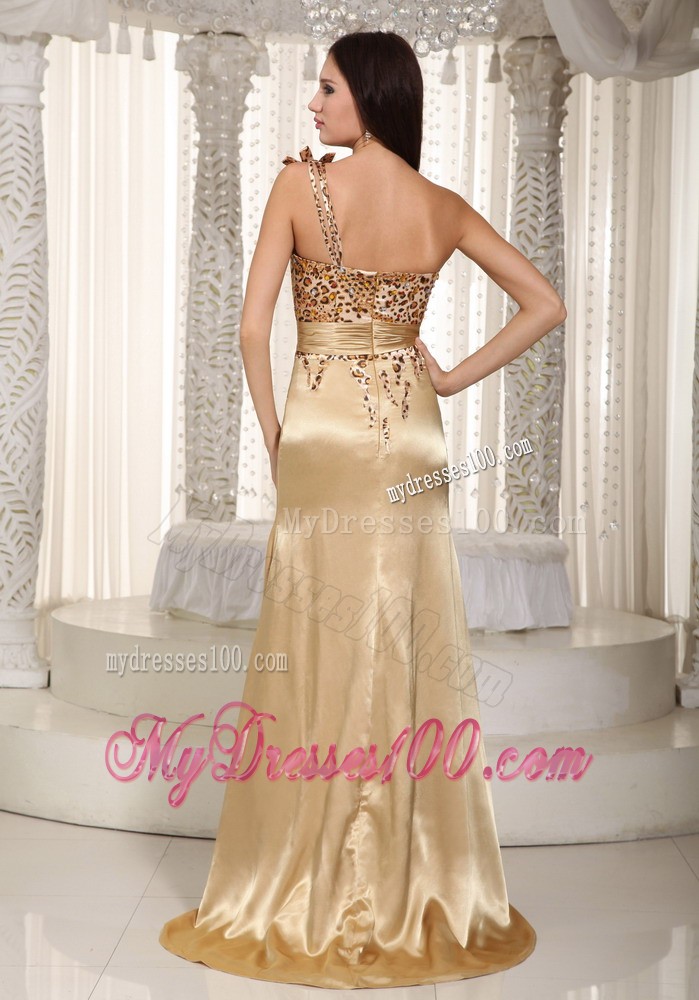 Champagne and Leopard Sweetheart One Shoulder Prom Dresses with High Slit