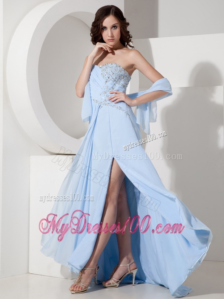 Light Blue One Shoulder High Slit Beaded Prom Dress with Black Out and Ruche