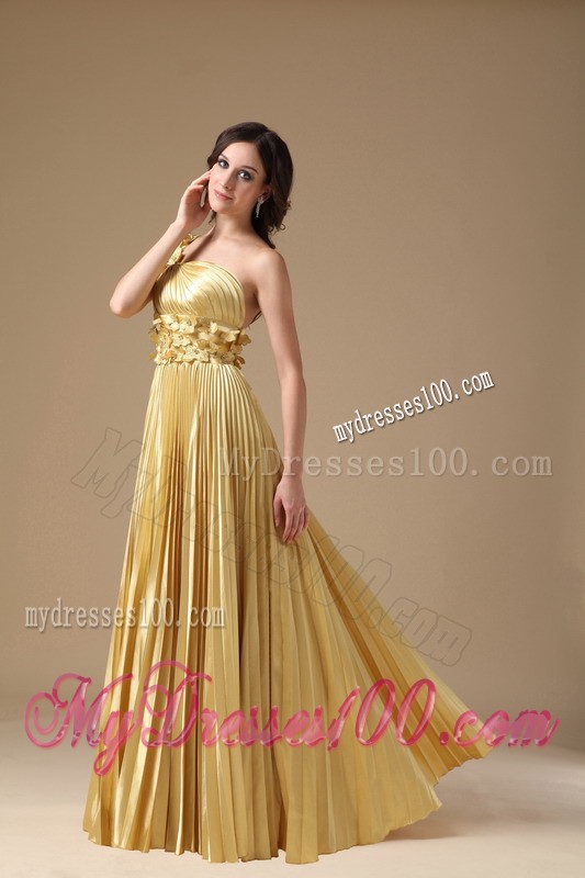 Ruche and Hand Made Flowers Decorated One Shoulder Prom Gown in Gold