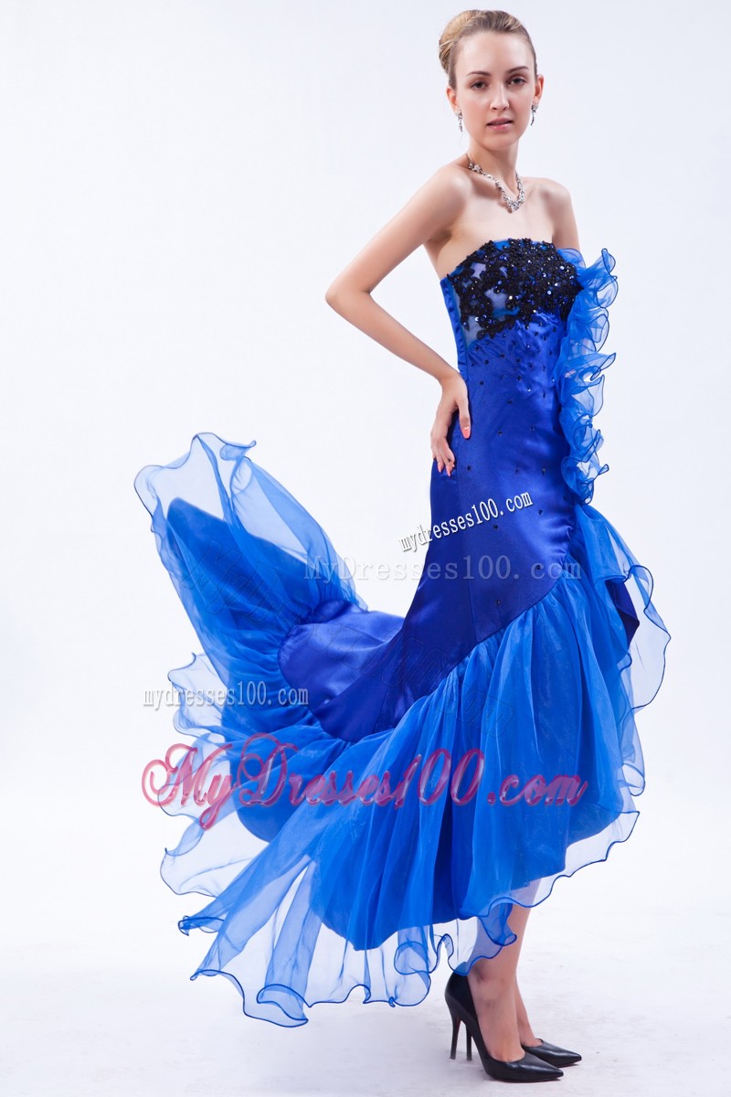 Beautiful High-low Appliques Ruffles Royal Blue Evening Cocktail Dress