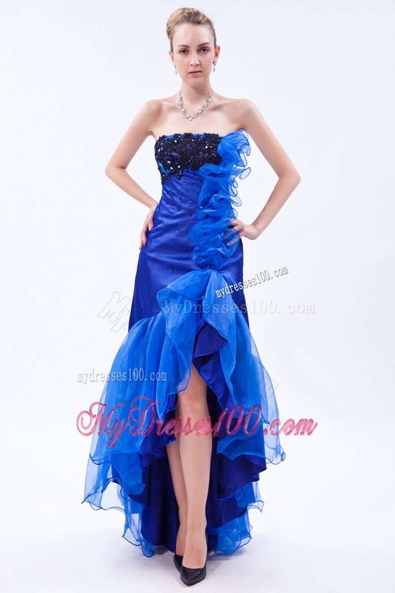 Beautiful High-low Appliques Ruffles Royal Blue Evening Cocktail Dress