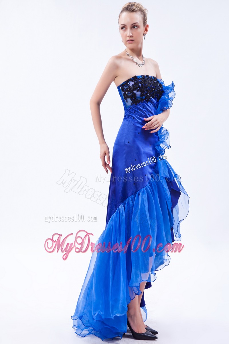 Beautiful High-low Appliques Ruffles Royal Blue Evening Cocktail Dress