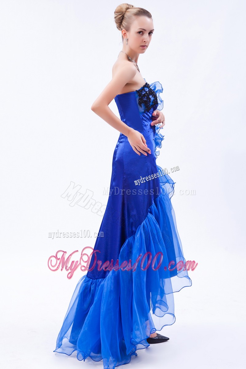 Beautiful High-low Appliques Ruffles Royal Blue Evening Cocktail Dress