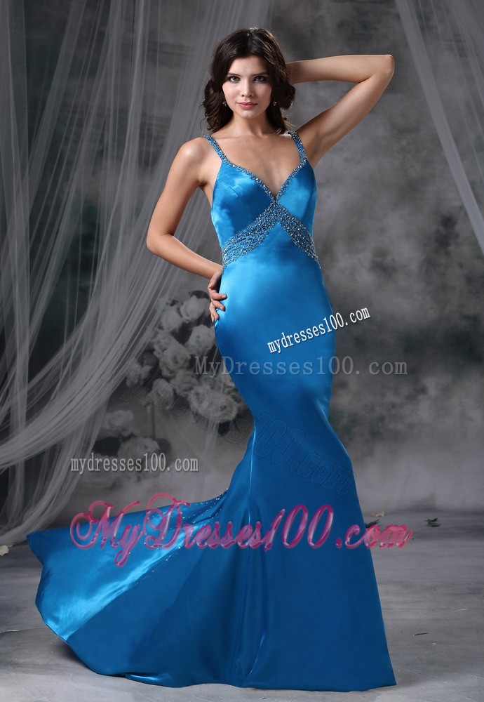 Mermaid Blue Spaghetti Straps Brush Train Prom Dresses for Cheap