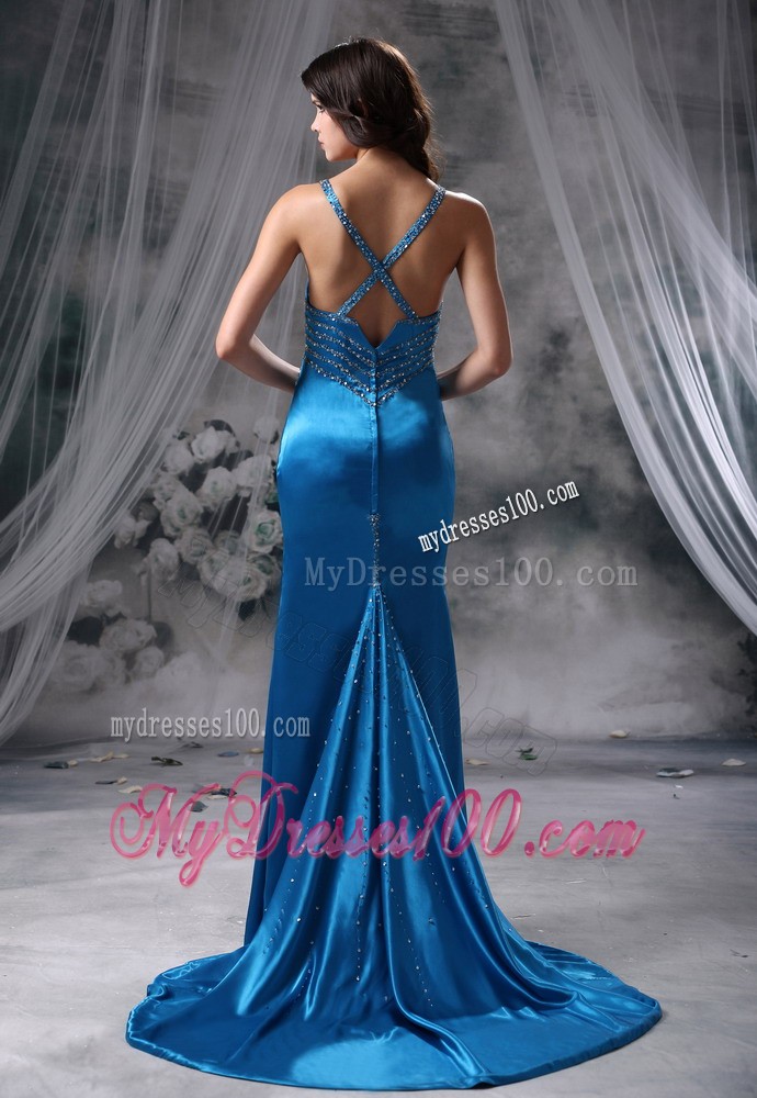 Mermaid Blue Spaghetti Straps Brush Train Prom Dresses for Cheap