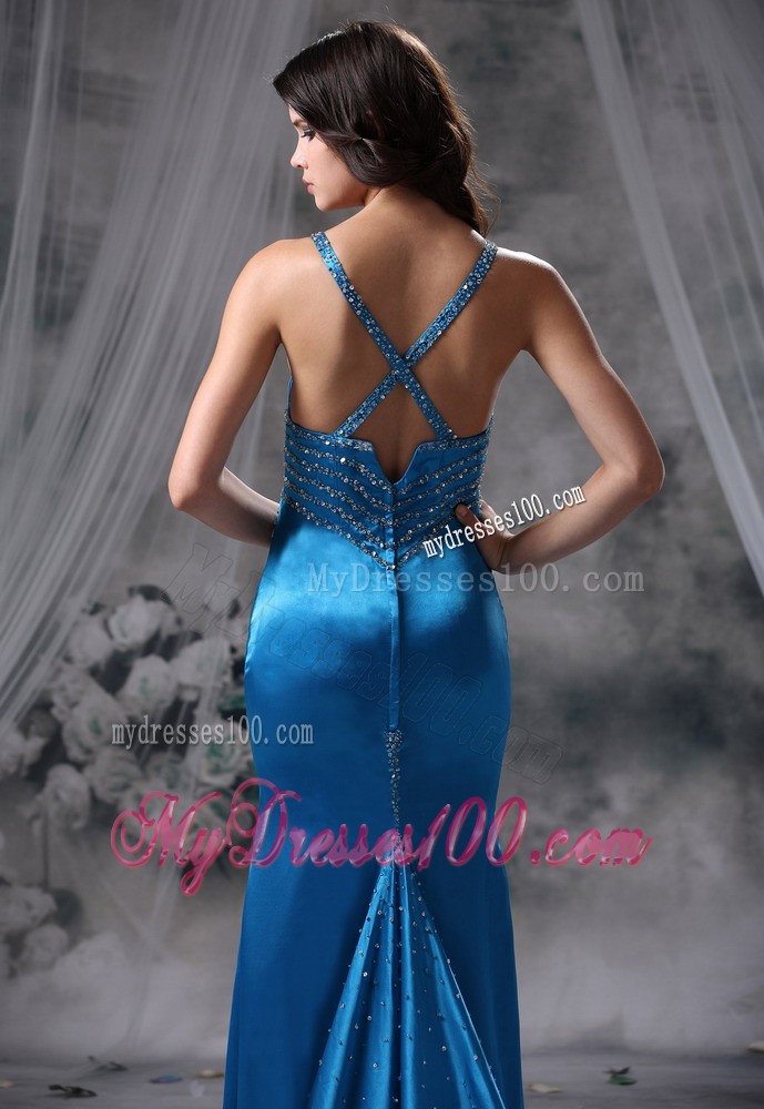 Mermaid Blue Spaghetti Straps Brush Train Prom Dresses for Cheap