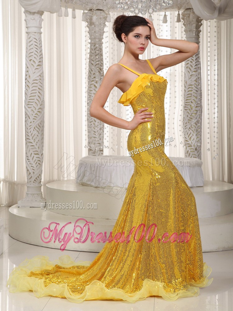 Yellow Mermaid Straps Brush Train Sequin Prom Dress