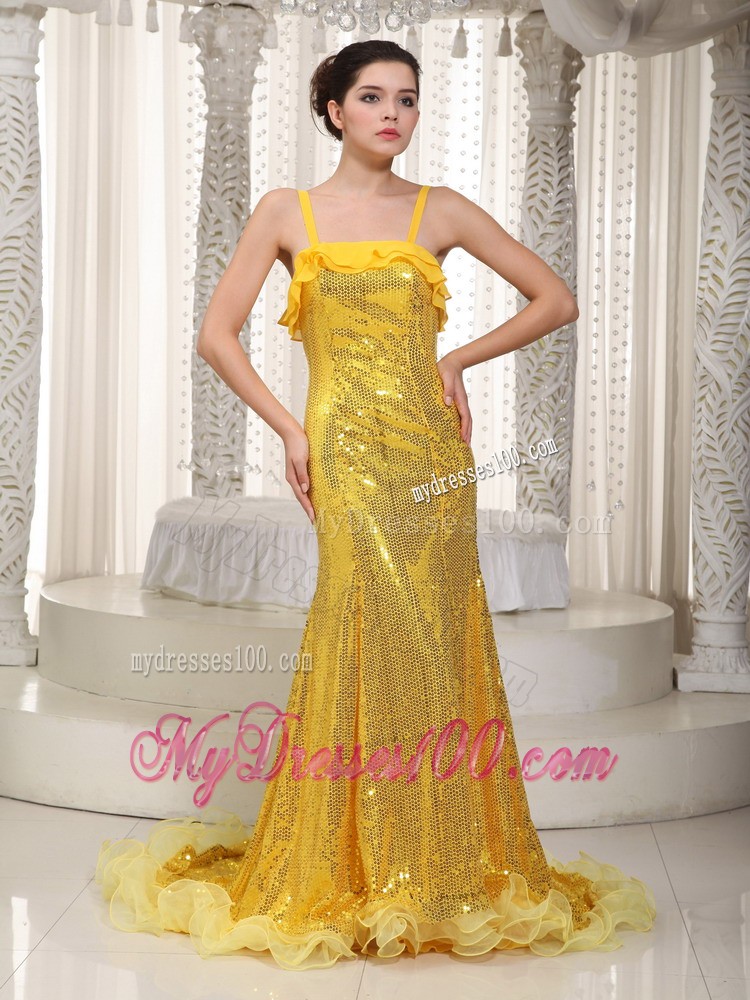 Yellow Mermaid Straps Brush Train Sequin Prom Dress