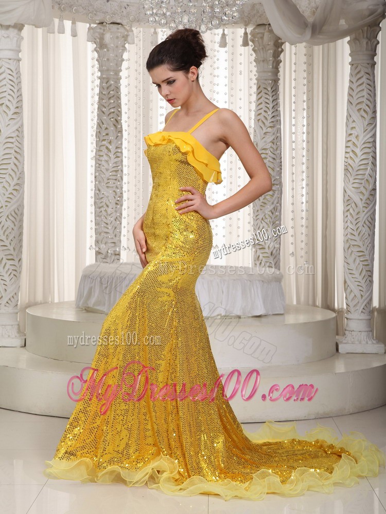 Yellow Mermaid Straps Brush Train Sequin Prom Dress