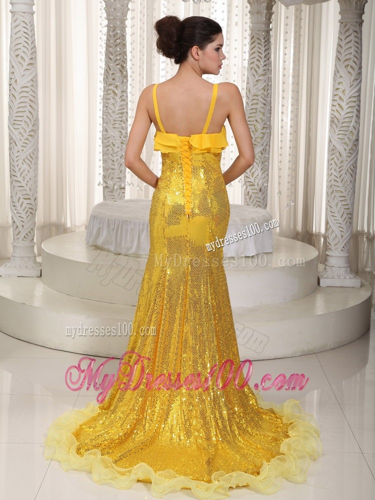 Yellow Mermaid Straps Brush Train Sequin Prom Dress