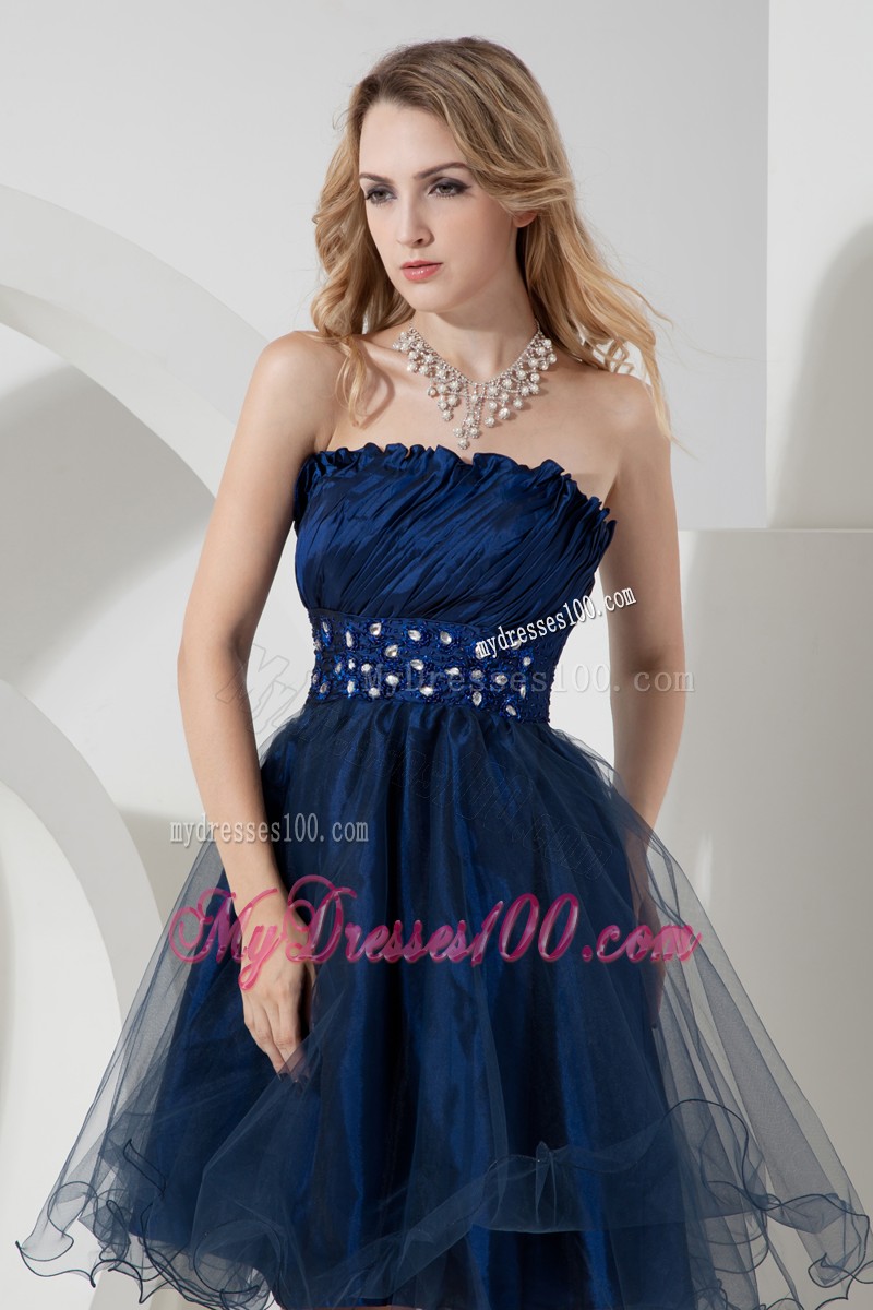 Simple Style Navy Blue Beaded Strapless Knee-length Organza Ruffles