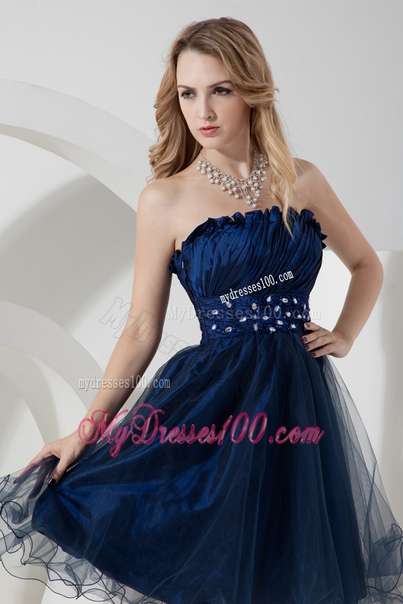 Simple Style Navy Blue Beaded Strapless Knee-length Organza Ruffles