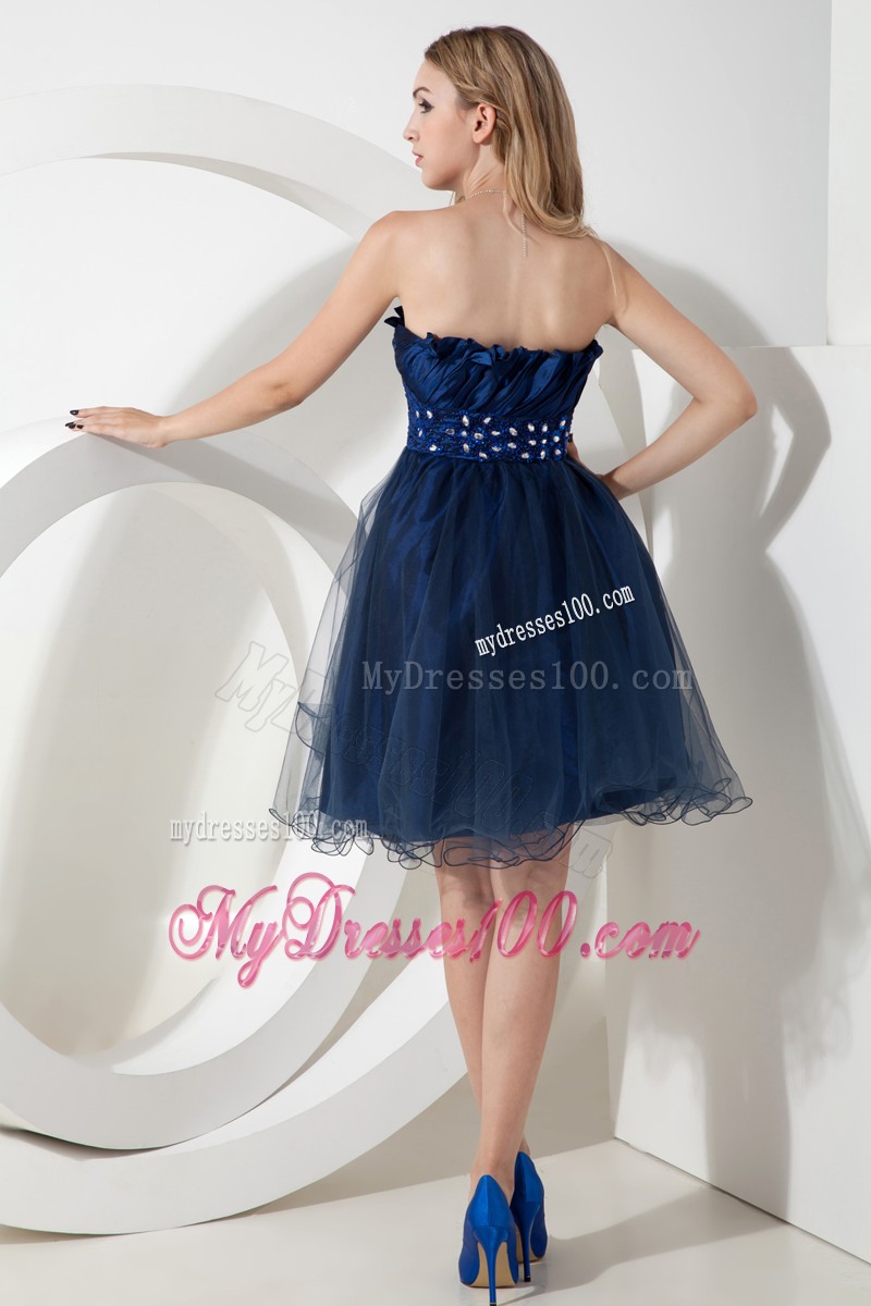 Simple Style Navy Blue Beaded Strapless Knee-length Organza Ruffles