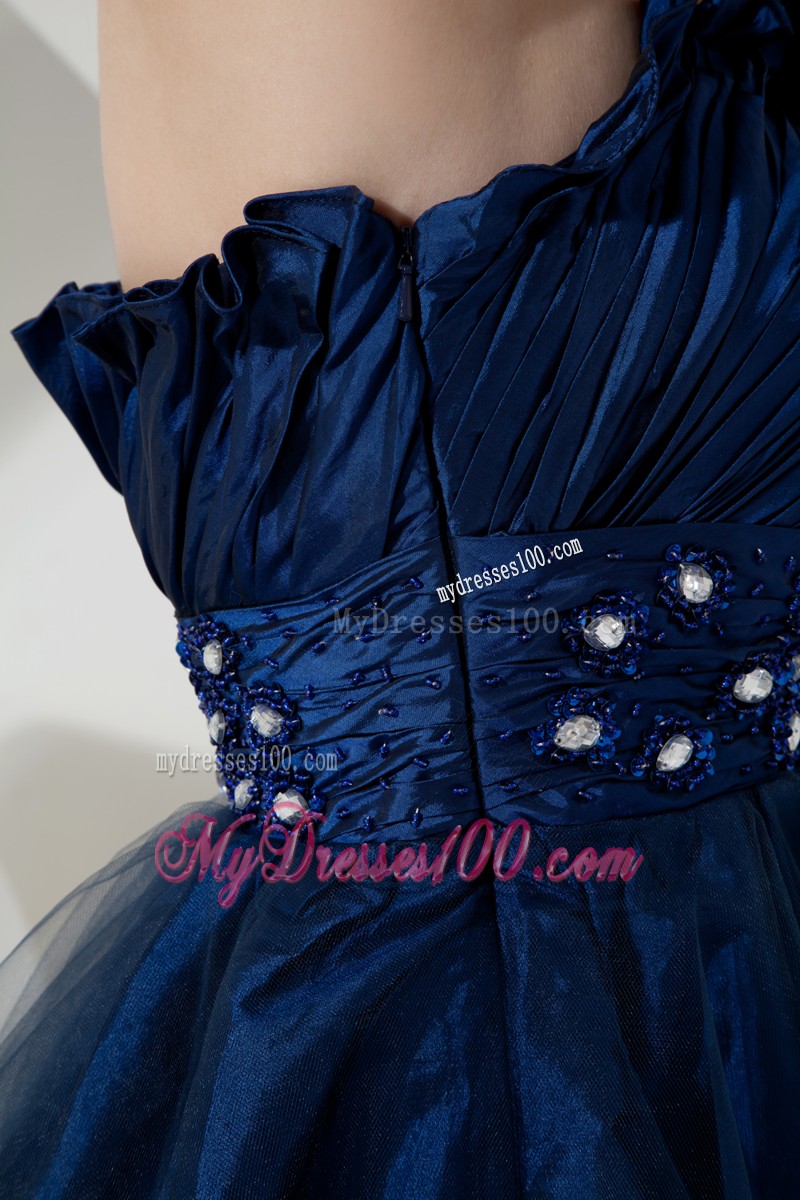 Simple Style Navy Blue Beaded Strapless Knee-length Organza Ruffles