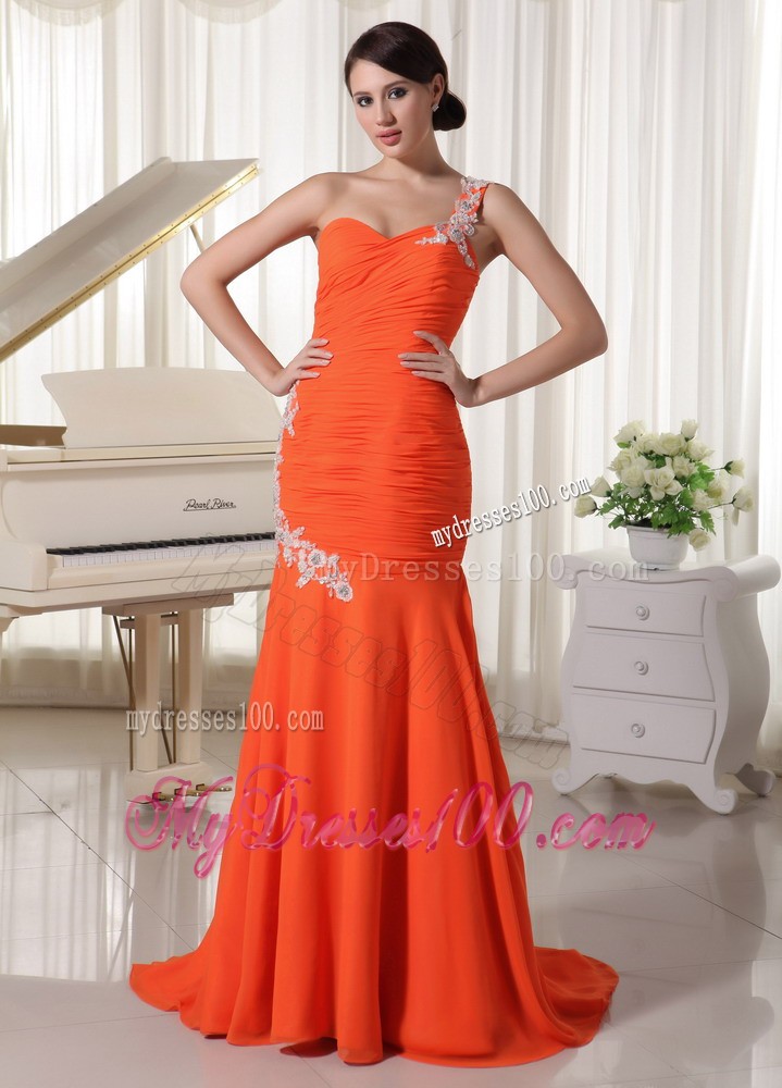Court Train Mermaid One Shoulder Appliques Decorated Orange Prom Dresses