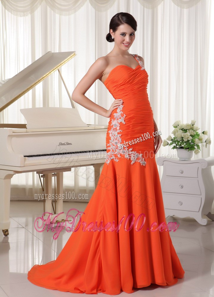 Court Train Mermaid One Shoulder Appliques Decorated Orange Prom Dresses