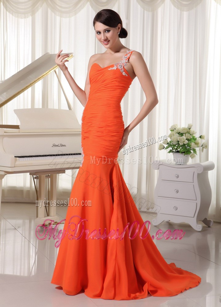 Court Train Mermaid One Shoulder Appliques Decorated Orange Prom Dresses